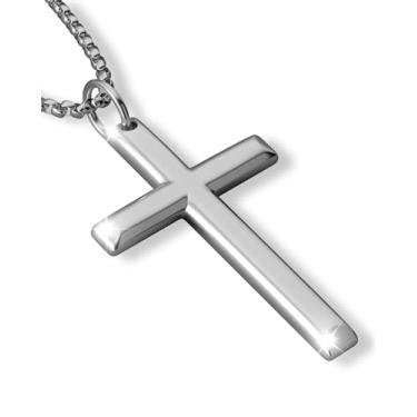 Imagem de ZENLUNANO Colar de cruz para homens e mulheres – Pingente de cruz minimalista de aço inoxidável 316L, prata polida/dourada/tom preto, pingente pequeno/médio/grande, joia de presente de fé cristã, 30