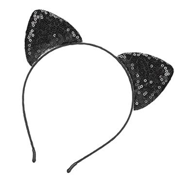 Imagem de Cosiki Tiara de Orelha de Gato Com Lantejoulas Reversíveis e Brilhantes, Argola de Cabelo Decorativa para Mulheres, Festa Diária de Natal, Material de Ferro, Argola de Orelha de Lantejoulas de 5", Serve para Casamentos, Holloween (Preto)