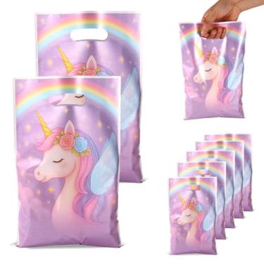 Imagem de Conjunto de 50 Sacos Lembranças para Festa Unicórnio com Alças, Sacos Plásticos Doces e Guloseimas com Tema Unicórnio e Arco-Íris para Festas de Aniversário Infantil