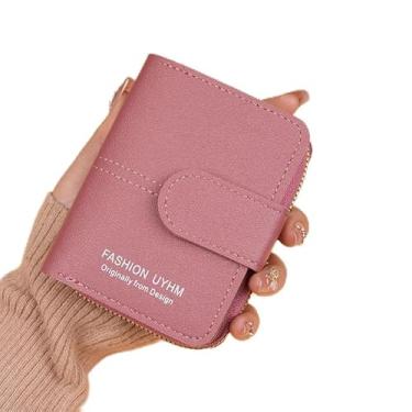 Imagem de Carteira feminina de couro genuíno com dobra dupla/tripla - Suporte minimalista para cartão de crédito com bloqueio de RFID e bolso para moedas, rosa, Casual