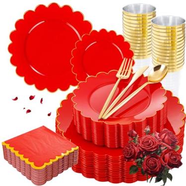 Imagem de LIYH 210 peças de pratos recortados de plástico vermelho com borda dourada, conjunto de louça de Natal descartável de plástico, pratos de Natal incluem pratos de jantar e sobremesa, copos de prata