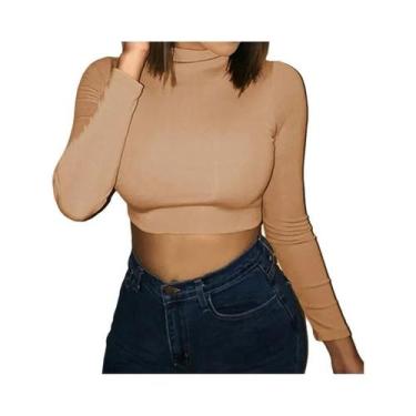 Imagem de Camiseta Feminina De Manga Longa Com Decote Redondo, Top Cropped Bodyc