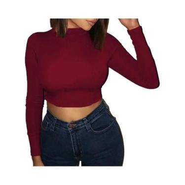 Imagem de Camiseta Feminina De Manga Longa Com Decote Redondo, Top Cropped Bodyc