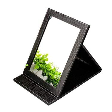 Imagem de Espelho de penteadeira espelho de maquiagem de mesa, espelho de mesa dobrável com capa acolchoada de couro PU com suporte de moldura de couro sintético - espelho de beleza retangular (cor: vermelho