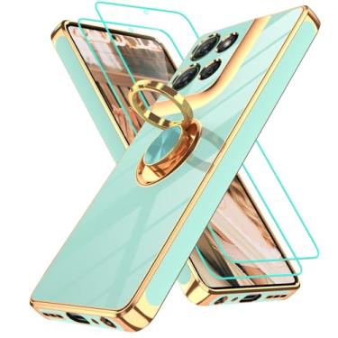 Imagem de Capa para Motorola Moto G Power 5G 2025: 2 peças de protetor de tela, suporte magnético de rotação de 360°, suporte magnético com borda dourada, verde claro