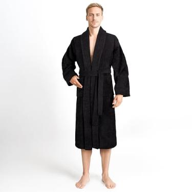 Imagem de American Soft Linen Roupão masculino 100% algodão felpudo – Roupão turco macio, absorvente, de secagem rápida para homens, Preto, 3G