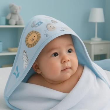 Imagem de Toalha de Banho com Capuz para Bebê, Estampa Safari, 100% Algodão, 70x70cm, Absorvente, Macia e Hipoalergênica (Azul)