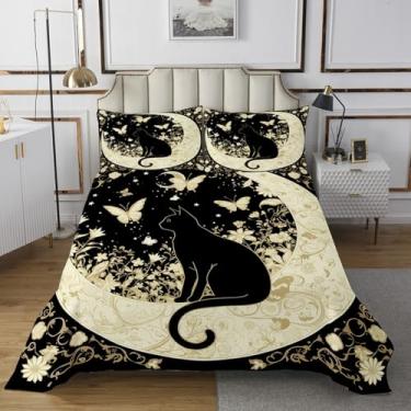 Imagem de Manfei Conjunto de colcha infantil de gato fofo, lua céu estrelado, margarida, borboleta, decoração de quarto de meninos e meninas, cobertor acolchoado de animais de estimação, preto bege, 2 fronhas