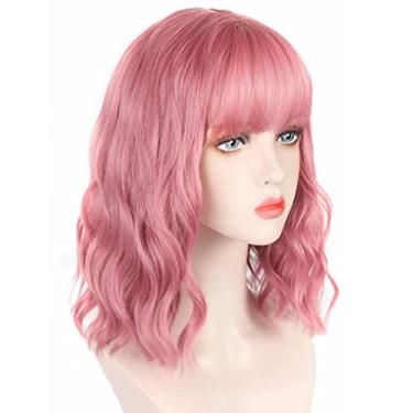 Imagem de Cryfokt Rosa Longo Encaracolado Peruca de Cabelo Sintético de Alta Temperatura para Mulheres Estilo Onda Malha Respirável Ajustável para Festas Cosplay