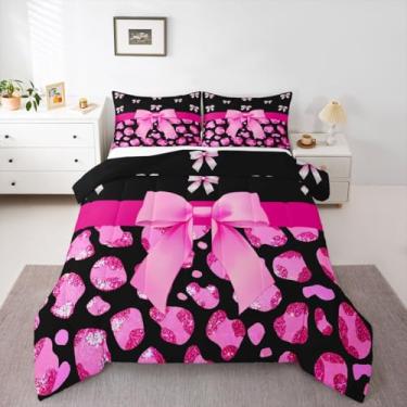 Imagem de Feelyou Conjunto de edredom Queen com laço rosa choque, glitter, leopardo, para crianças, meninos, meninas, edredom fofo com laço, guepardo, decoração de quarto, microfibra, 3 peças com 2 fronhas
