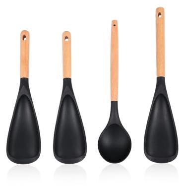 Imagem de Colher de cozinha de espátula, colher de silicone para servir espátula de silicone com cabo de madeira resistente ao calor para assar colher e raspar (preto, 4 peças)