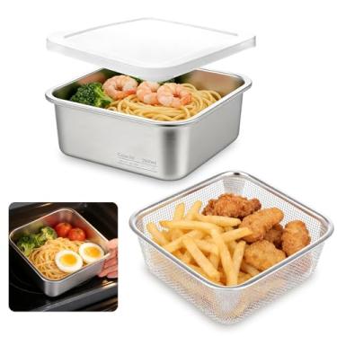 Imagem de Conjunto de escorredor quadrado, 2 em 1, tigela de filtro de aço inoxidável 304 com tampa, recipiente selado de armazenamento de preparação de alimentos para lavar arroz, drenar frutas e legumes