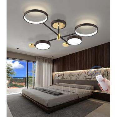Imagem de Luminária de teto LED moderna, regulável, preta e dourada, com controle remoto, estilo lustre circular, iluminação interna sem cintilação para sala de estar, quarto e sala de jantar (preta,