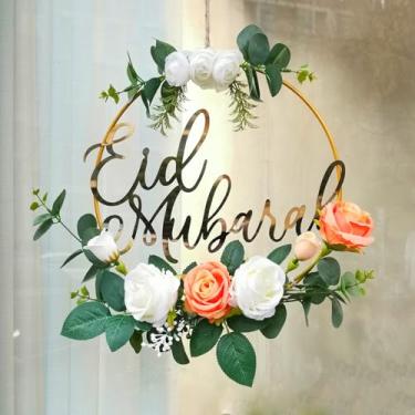 Imagem de Coroas de flores artificiais Eid Ramadan Mubarak para porta da frente, guirlanda de mola pendurada no Islã, decorações Eid para casa, decoração de parede interna e externa, artesanato de festa