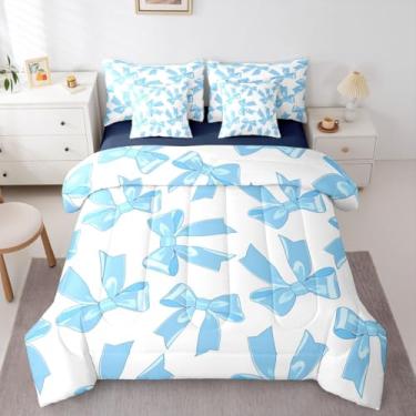 Imagem de Erosebridal Conjunto de edredom solteiro com laço azul, 7 peças, cama de laço para meninas, princesa, moderno, com edredom, lençóis, fronhas, moderno, laço, decoração de quarto
