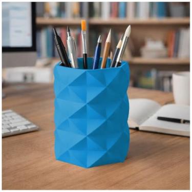 Imagem de Porta Canetas, Lápis, Pincel Geométrico Low Poly, Design Moderno, Organizador de Mesa, Estilo Minimalista (Azul)