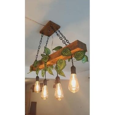 Imagem de Lustre Luminária de Madeira, Bivolt, Pendente de teto, 4 pendentes com folhagem e correntes