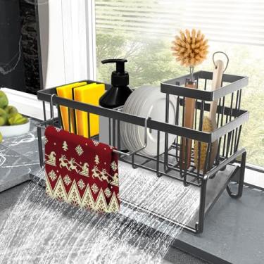 Imagem de Hobychild Suporte de esponja para organizador de pia de cozinha, organizador de pia com suporte de escova alto divisor ajustável, bandeja de drenagem inclinada, multifuncional para acessórios de