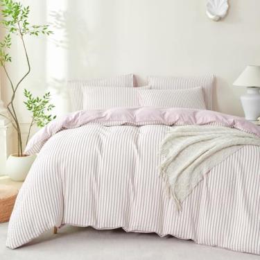 Imagem de BUPIRD Conjunto de edredom Queen, listrado, roxo, claro, de microfibra lavada, 3 peças, listrado, roxo claro, branco, para todas as estações e 2 fronhas, confortável, respirável