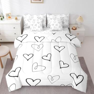 Imagem de Erosebridal Jogo de cama solteiro Love – Conjunto de cama preto e branco em uma bolsa, conjunto de edredom de coração de amor com lençóis, conjunto de cama romântico para o dia dos namorados, 7 peças