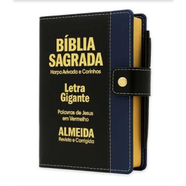 Imagem de Bíblia Sagrada Letra Gigante - Preto C/ Azul - Botão e Caneta Revista 
