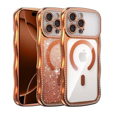 Imagem de UCASONG Capa transparente magnética para iPhone 13 Pro Max de 6,7 polegadas com cartão de glitter gradiente, linda moldura ondulada encaracolada com strass brilhante, compatível com MagSafe, capa de