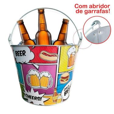 Imagem de Kit 2 Baldes De Gelo Para Cerveja Estampado Em Metal Galvanizado Com Abridor 4,8 Litros