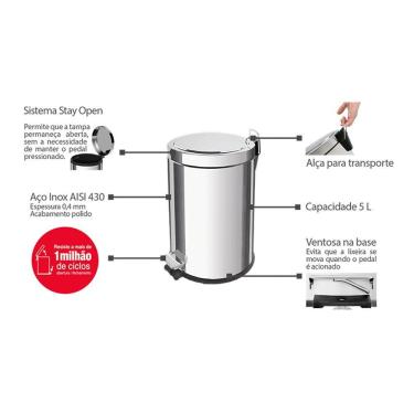 Imagem de Lixeira Tramontina Brasil Com Pedal 5l Redonda Inox 94538105
