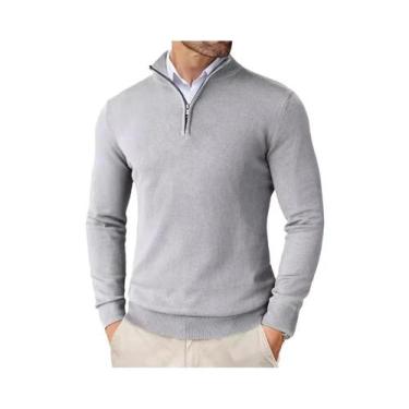 Imagem de Suéter Masculino Slim Fit Leve Com Zíper De Um Quarto, Gola Alta, Tric