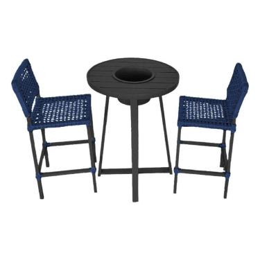Imagem de Conjunto Bistrô Champanheira Tampo Ripado E 2 Banquetas França Corda Náutica Azul Marinho