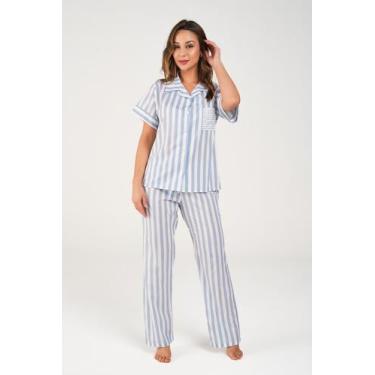 Imagem de Pijama Feminino Toque De Seda Americano Listrado - Praqnome, Azul, P