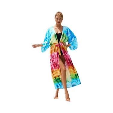 Imagem de Kimono Colorido Para Mulheres, Saída De Praia, Robe Longo Para Piscina