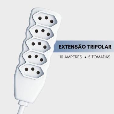 Imagem de Extensão Tripolar em Barra 10 Metros Branco 5 Tomadas 10 Amperes Force