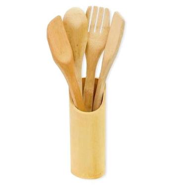 Imagem de Conjunto Kit Utensílios de Madeira Bambu 4 Peças Espátula Colher Ecoló