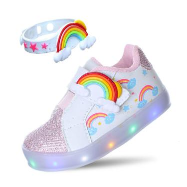 Imagem de Tenis Sapato Luzinha Luz Led Arco Iris Infantil Menina Com Pulseira Rosa