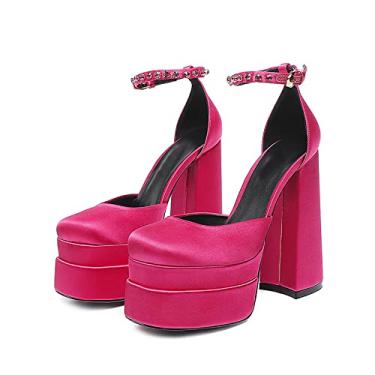 Imagem de Salto de bloco grosso para mulheres bico quadrado tira no tornozelo fivela strass cunha seda cetim salto plataforma alta sapato vestido, rosa, 35 EU/5,5 US