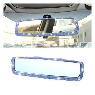 Imagem de Espelho retrovisor de carro brilhante, espelho retrovisor de cristal de strass com vidro HD, compatível com a maioria dos carros, SUVs, veículos, acessórios interiores automotivos para mulheres e meninas (azul)
