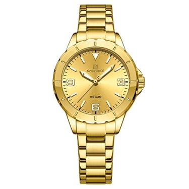 Imagem de Relógio feminino de aço inoxidável com data, analógico, quartzo, à prova d'água, esportivo, relógios de pulso casual para negócios com calendário, Dourado