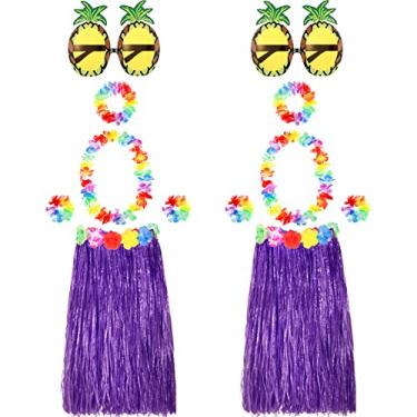 Imagem de 2 conjuntos de saia de grama havaiana Hula com óculos de sol abacaxi acessórios de flores, canudo (saias roxas)