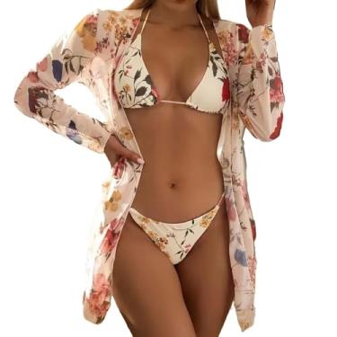 Imagem de Biquíni feminino de 3 peças, alças finas, cintura alta, estampa floral, triângulo, frente única, roupa de praia, Bege, P