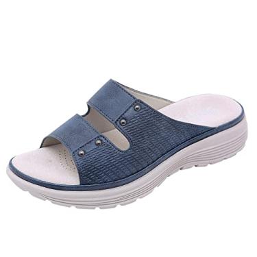Imagem de Sandálias femininas femininas slide mule wedges sandálias confortáveis sandálias de verão femininas sapatos ao ar livre sandálias femininas terra, Azul, 7.5
