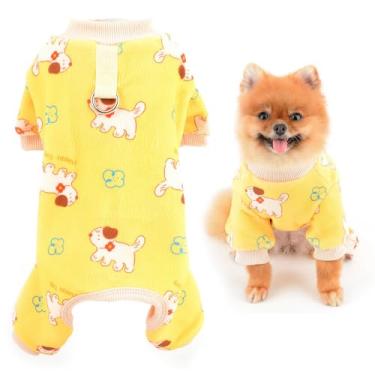 Imagem de SMALLLEE_LUCKY_STORE Pijama de lã para cães pequenos, macacão de animal de estimação estampado com anel em D, pijama elástico macio outono inverno pijama chihuahua yorkie fantasia de gato, amarelo, P