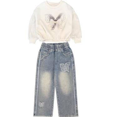 Imagem de Peacolate Conjunto de 2 peças de camiseta e jeans para meninas grandes 4 a 10 anos primavera outono, Branco, 6-7 Anos