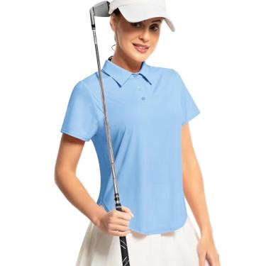 Imagem de addigi Camisa polo feminina de golfe FPS 50+, proteção solar, 3 botões, manga curta, secagem rápida, atlética, tênis, golfe, Azul-celeste, M