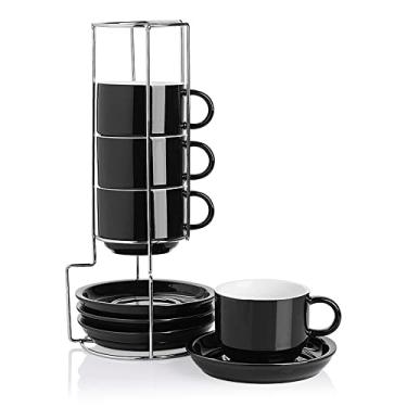 Imagem de Sweejar Copos de cappuccino de porcelana com pires e suporte de metal, copos de café expresso empilháveis de 227 g para bebidas especiais de café, latte, americano, chá - Conjunto de 4 (Preto)