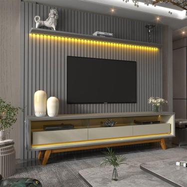 Imagem de Rack com Painel Ripado para Tv até 85 Polegadas Led 3 Gavetas com Pés 230cm Nobre Cinza/Cinza/Off White