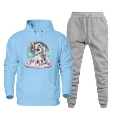 Imagem de Conjunto de Moletom Canguru Plus Size Feminino Blusa Estampa Unicornio Com Calça Jogger Basica