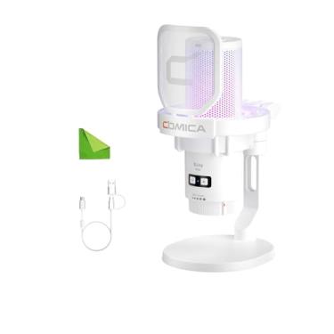 Imagem de Microfone USB comica para computador e smartphone, microfone condensador cardióide RGB para jogos para podcasting, streaming, gravação, com suporte de mesa branco (Uni D)