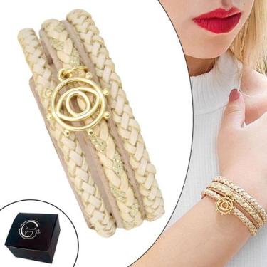 Imagem de Pulseira de Couro Feminina Ajustável Pingente Olho Grego Dourado - GRA