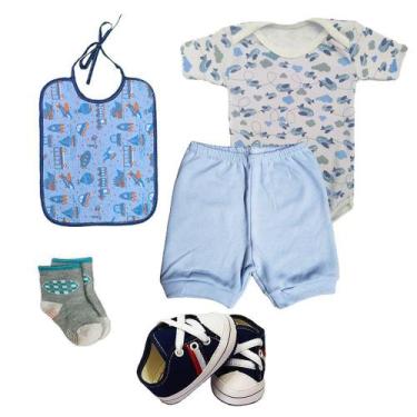 Imagem de Kit Roupas Bebê 5 Peças Body Shorts Babador Sapatinho e Meia - Koala B